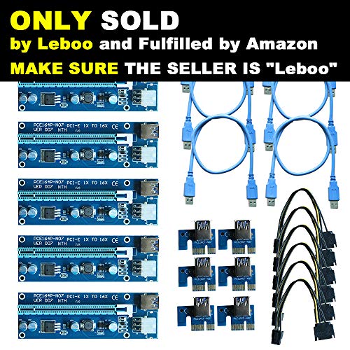 Product Cover Leboo 6-Pack PCIE Riser 1X to 16X Graphics Extension for GPU Mining VER 007 PCI Risers Powered Riser Adapter Card w/ 60cm USB 3.0 Extension Cable & 6Pin PCI-E to SATA Power Cable (VER 007, 6-Pack)