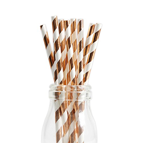 Product Cover Andaz Press Rose Gold Copper Foil Striped Straws, 50-Pack, Shiny Metallic Champagne Colored Anniversary Wedding Birthday Baby Shower Party Supplies Decorations