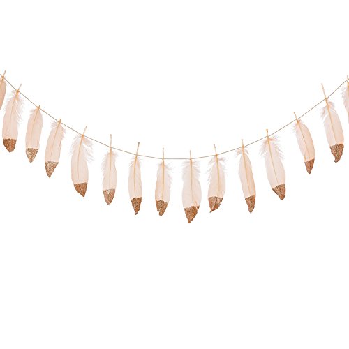 Product Cover Ling's moment 10FT Rose Gold Glitter Dipped Light Peach Feather Banner Garland for Boho Bedroom Teepee Decorations, Boho Theme Wedding Bridal Baby Shower Decor