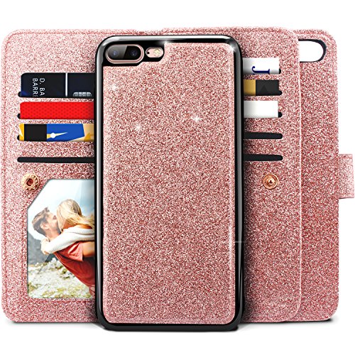 Product Cover iPhone 8 Plus Case, iPhone 7 Plus Case, Miss Arts Glitter Detachable Slim Case with Car Mount Holder, 9 Card Slots, Magnet Clip, PU Leather Wallet for Apple iPhone 7 Plus 8 Plus -Rose Gold