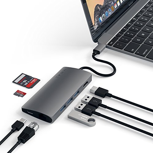 Product Cover Satechi Aluminum Multi-Port Adapter V2 - 4K HDMI (30Hz), Gigabit Ethernet, USB-C Pass-Through, SD/Micro Card Readers, USB 3.0 - Compatible with 2018 MacBook Air, 2019/2018 MacBook Pro (Space Gray)