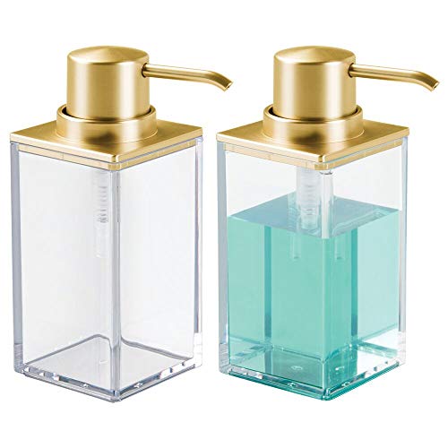 Product Cover mDesign Modern Square Plastic Refillable Soap Dispenser Pump Bottle for Bathroom Vanity Countertop, Kitchen Sink - Holds Hand Soap, Dish Soap, Hand Sanitizer, Essential Oils - 2 Pack - Clear/Gold