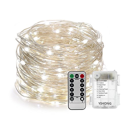 Product Cover YIHONG 39ft Christmas Fairy Lights Battery Operated, 8 Modes String Twinkle Lights, 120 LEDs Remote Control Silver Wire Firefly Lights for Bedroom Patio Party Christmas Decoration- White