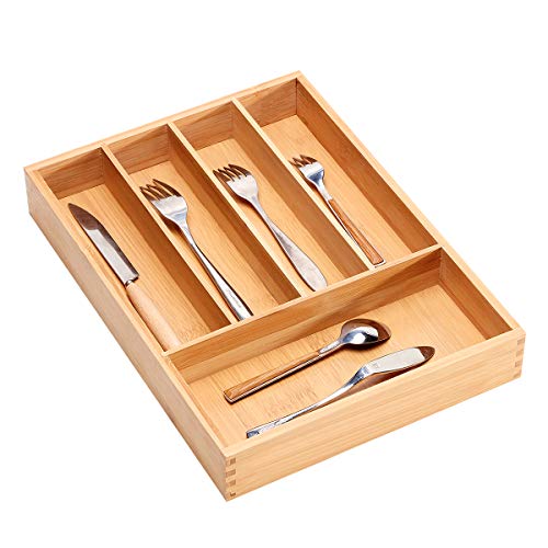 Product Cover Bamboo Cutlery Tray Kitchen Utensil Silverware Flatware Drawer Organizer Dividers with 5 Compartment