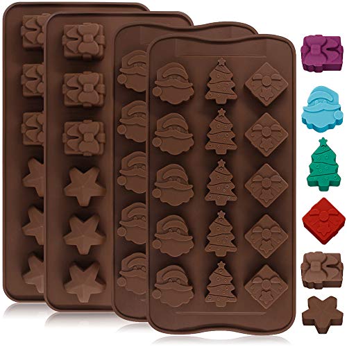 Product Cover 4 Pack Silicone Chocolate Candy Molds Trays, DanziX Baking Jelly Molds, Cake Decoration, with Shapes of Star, Gift Box, Christmas Tree, Santa Head - 2 Types