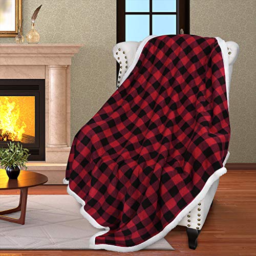 Product Cover Catalonia Buffalo Plaid Sherpa Throw Blanket,Micro Fleece Plush Throws for Bed Couch TV|Reversible,Super Soft,Warm,Comfy,Fuzzy,Snuggle|60x50 Inches,Red Black Checkered