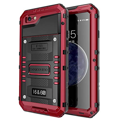 Product Cover seacosmo iPhone 6/6S Case, Military Grade IP68 Waterproof Dustproof Shockproof Full Body Sealed Underwater Case with Built-in Screen Protector Heavy Duty Metal Rugged Case for iPhone 6/6S, Red