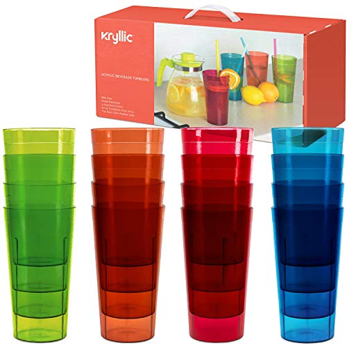Product Cover Plastic Tumblers Drinkware Glasses Cups - Acrylic Tumbler Set of 16 Break Resistant 20 oz. in 4 Assorted Colors Restaurant Quality Tumblers Dishwasher Safe and BPA Free by Kryllic