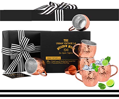 Product Cover Set of 4 Moscow Mule Copper Mugs with Stainless Steel Lining and Shot Glass in Gift Box, Premium Food Safe Double Wall Heavy Copper Cups for Everyday Use