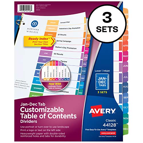 Product Cover Avery 12-Tab Dividers for 3 Ring Binders, Customizable Table of Contents, Multicolor Tabs, 3 Sets (44128)