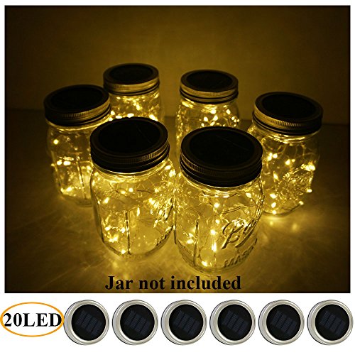 Product Cover 6 Pack Mason Jar Lights 20 LED Solar Warm White Fairy String Lights Lids Insert for Patio Yard Garden Party Wedding Christmas Decorative Lighting Fit for Regular Mouth Jars