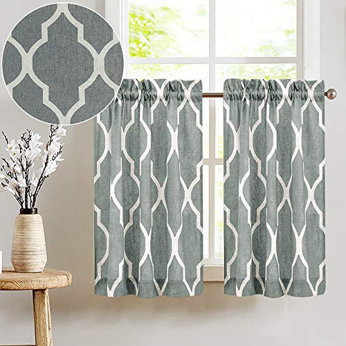 Product Cover Linen Tier Curtains for Kitchen Moroccan Tile Printed Cafe Curtains 45 inches Long Lattice Half Window Curtains Short Tiers Window Curtain Sets for Bathroom 2 Pairs Charcoal Grey