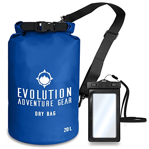 Product Cover Evolution Floating Waterproof Dry Bag - Professional Adventure Gear - Roll Top Compression Sack for Kayaking, Boating, Hiking, Fishing, Camping and Outdoor Travel - Waterproof Phone Case - 20L Blue