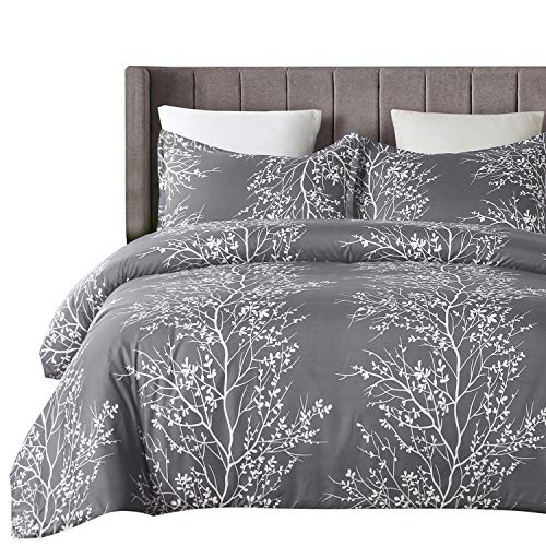 Product Cover Vaulia Lightweight Microfiber Duvet Cover Set, Grey and White Floral Branches Printed Pattern - King Size