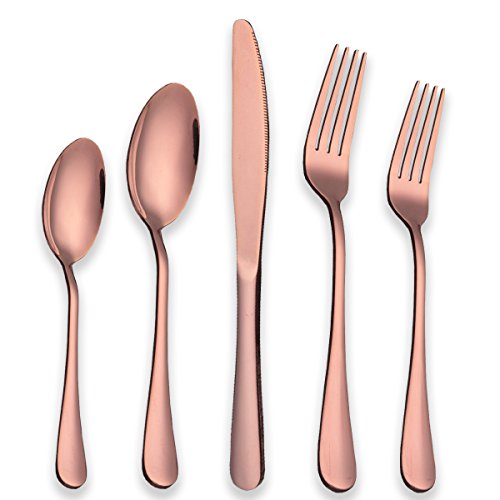 Product Cover Berglander Stainless Steel Copper Color Flatware Set Rose Gold, 20 Piece Rose Gold Plated Stainless Steel Silverware Set Cutlery Sets, Service for 4 (20 piece)