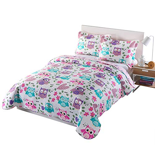 Product Cover MarCielo 3 Piece Kids Bedspread Quilts Set Throw Blanket for Teens Boys Girls Bed Printed Bedding Coverlet, Full Size, Purple Hoot (Full)