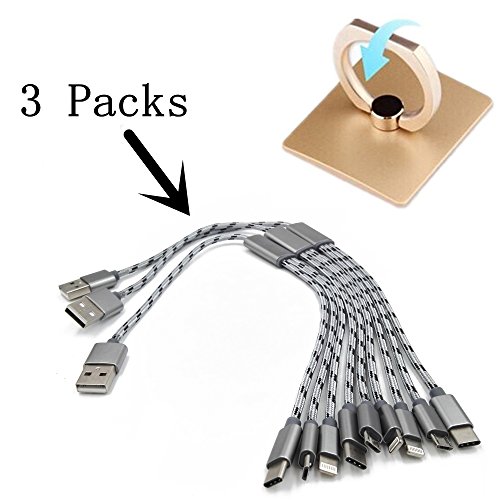 Product Cover eLUUGIE 3 Packs Short Multi USB Charging Cable Fast Charger Cord 3 in 1 USB Type C, Micro USB and L Connectors Compatible with All Most Cell Phones Universal Phone Charger Cable (Silver)