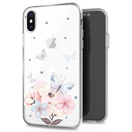 Product Cover JAHOLAN iPhone X Case iPhone Xs Case Cute Girl Floral Design Clear TPU Soft Slim Flexible Silicone Cover Phone Case Compatible with iPhone X iPhone Xs - Pink Butterfly Flower