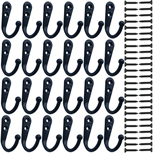 Product Cover 24 Pieces Coat Hooks Wall Mounted Robe Hook Single Coat Hanger No Scratch and 50 Pieces Screws （Black）