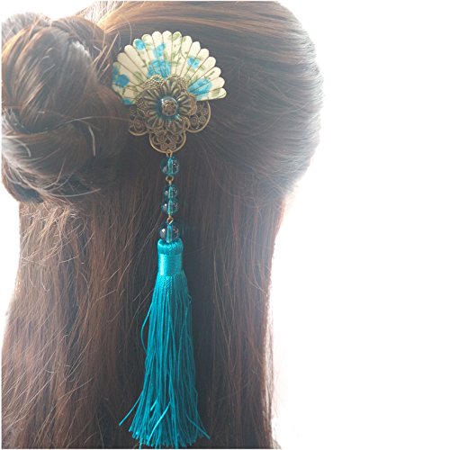 Product Cover FANTAC CRAFTS Vintage Women Girl Hair Clip Bronze Tassel Bead Fan Kimono Hair Accessories Cosplay (2 Pieces Cyan)