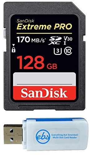 Product Cover SanDisk 128GB Extreme Pro Memory Card works with Canon EOS Rebel T5, T6, T6i, T7i, EOS 5D Mark IV, 6D Mark II, 5D Mark III, DSLR Camera SDXC 4K V30 UHS-I with Everything But Stromboli Combo Reader