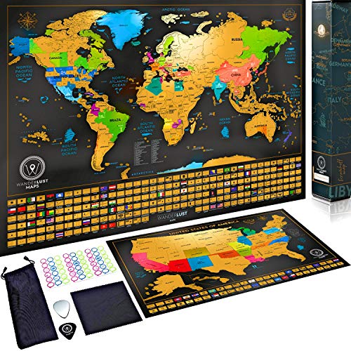 Product Cover Scratch Off Map of the World + USA Map - Set of Two Deluxe Gold Scratch-Off Travel Posters with Colorful Countries, US States and Flags - Made in Europe