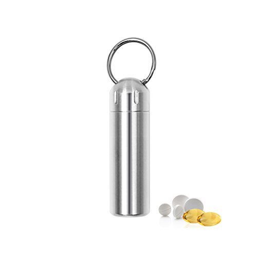 Product Cover SHD Pill Fob Keychain,Stainless Steel Pill Box Organizer Single Chamber Pocket Pill Holder, Vitamins Container Portable Waterproof Pill Case for Travel