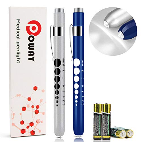 Product Cover Opoway Nurse Penlight with Pupil Gauge LED Medical Pen Light for Nurses Doctors with Batteries Included 2ct, Silver and Blue