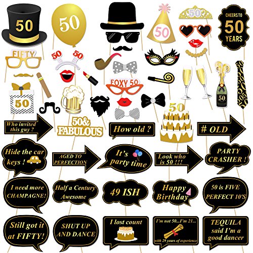 Product Cover 50th Birthday Photo Booth Props, Konsait 50 Black and Faux Gold Happy Birthday Decorations DIY Photo Booth Prop Kits with Stick for Birthday Party Favor Supplies (53 Counts)
