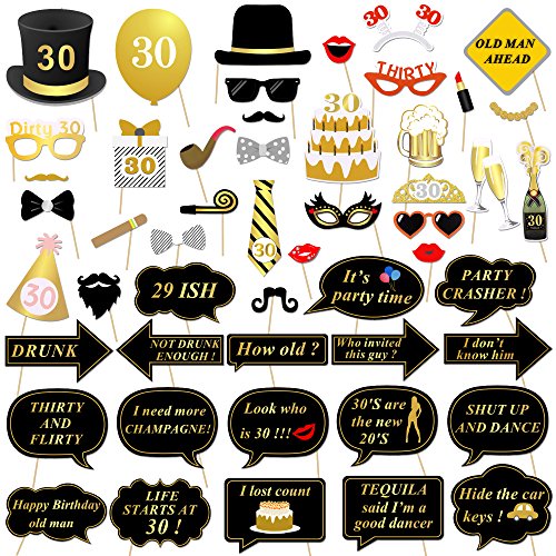 Product Cover 30th Birthday Party Photo Booth Props (52Pcs) for Her Him Dirty Thirty 30th Birthday Gold and Black Decorations, Konsait Big 30 Birthday Party Supplies for Men and Women