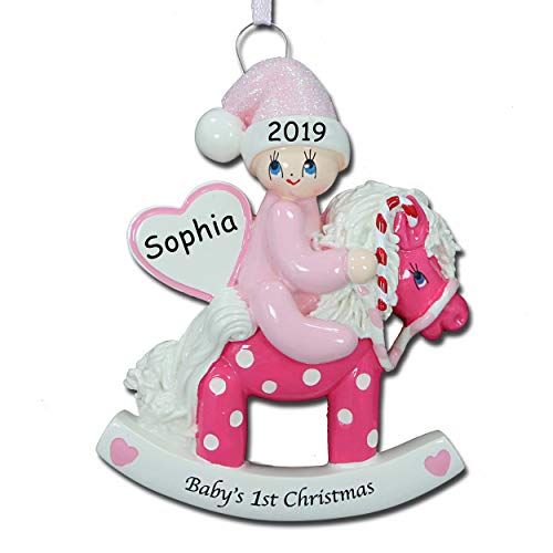 Product Cover Personalized Baby Girl's First Christmas Baby on Polka Dot Rocking Horse with Glittered Santa Hat and Heart Detail Hanging Christmas Tree Ornament with Custom Name and Date