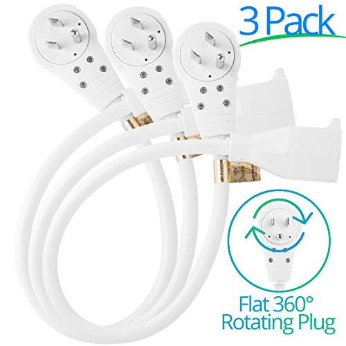 Product Cover Maximm Cable 1 Foot 360° Rotating Flat Plug Extension Cord/Wire, 3 Prong Grounded Wire 16 Awg Power Cord - 3 Pack - White