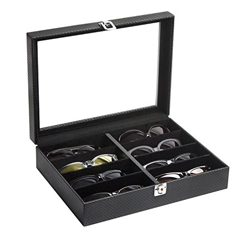 Product Cover JackCubeDesign Leather 8 Compartments Eyeglass Display Organizer Eyeglasses Sunglass Storage Case Box Eyewear Tray Stand Suede Inside Acrylic Cover(Carbon Design Black, 17.4 x 6.7 x 1.97) - :MK379A