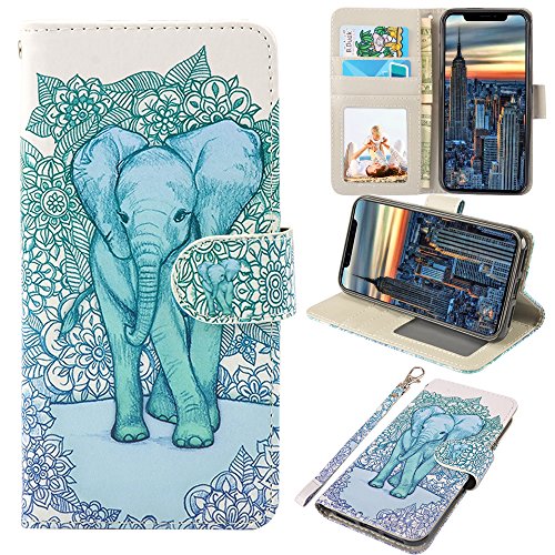 Product Cover UrSpeedtekLive iPhone X Case, iPhone X Wallet Case, Premium PU Leather Wristlet Flip Case Cover with Card Slots & Stand for Apple iPhone X, Elephant(Official Micklyn Le Feuvre Product)