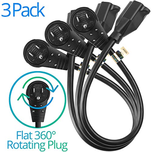 Product Cover Maximm Cable 1 Foot 360° Rotating Flat Plug Extension Cord/Wire, 3 Prong Grounded Wire 16 Awg Power Cord - 3 Pack - Black
