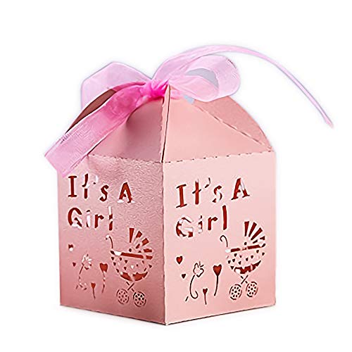 Product Cover YOZATIA 50pcs Laser Cut Baby Carriage Favor Box Bomboniere Gift Candy Boxes Baby Shower Party Decoration, 2.2 x 2.2 x 2.2 Inches (Pink)