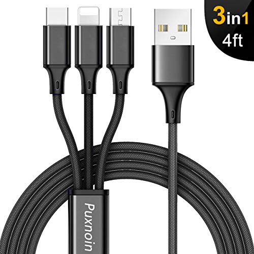 Product Cover Multi Charging Cable, 4Ft 3 in 1 Premium Nylon Braided Multiple USB Charging Cord Type C/Micro USB Connector Compatible Phone 7Plus/Galaxy S8 More(Black)
