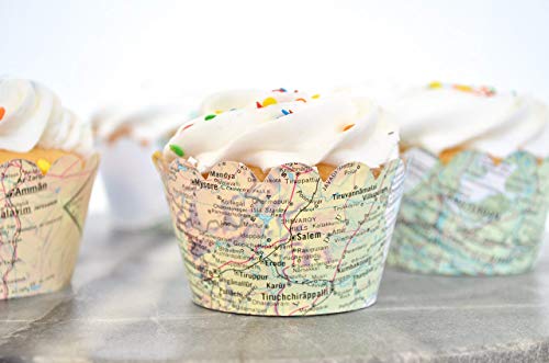 Product Cover 36 Vintage World Map Scalloped Cupcake Wrappers. NOT a baking cup.