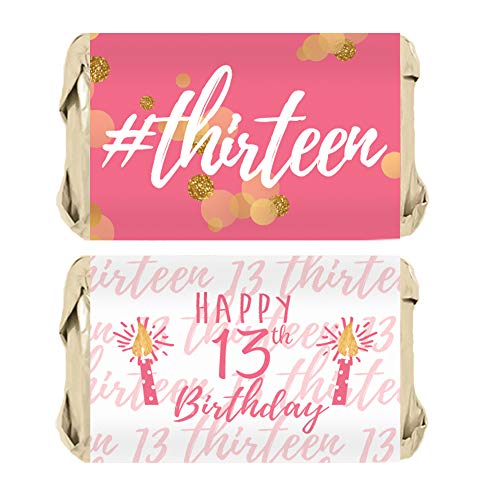 Product Cover Girls 13th Birthday Party Mini Candy Bar Wrappers, Pink and Gold - 45 Stickers