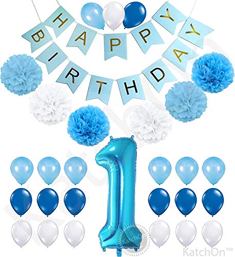 Product Cover Katchon 1st Birthday Boy Decorations Kit - Number One Balloon, Blue Banner, Blue, Light Blue And White Pink Pom Poms Balloons