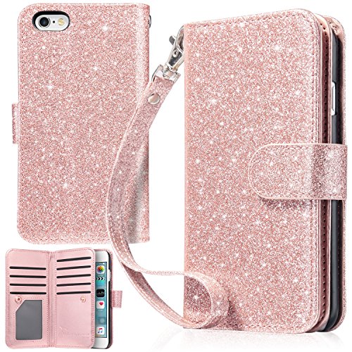Product Cover UrbanDrama iPhone 6S Case, iPhone 6 Case, Sparkly Glitter Flip Folio Wallet Case Cover Shiny PU Leather Folio Credit Card Slot Cash Holder Protective Case for iPhone 6 iPhone 6S 4.7 inch, Rose Gold