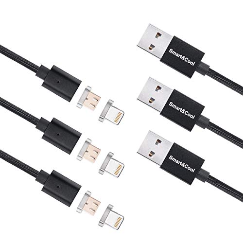 Product Cover Smart&Cool Gen4 Nylon Braided Two-Mode Magnetic Charging & Data Transfer Cable Compatible with Phones and Tablets with Micro-USB and i-Product Interface (5ft-Black Triple Pack)
