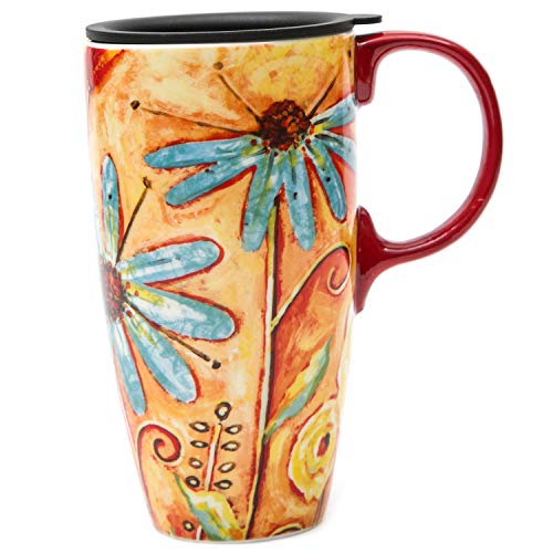 Product Cover CEDAR HOME Coffee Ceramic Mug Porcelain Latte Tea Cup With Lid 17oz. Orange Flower