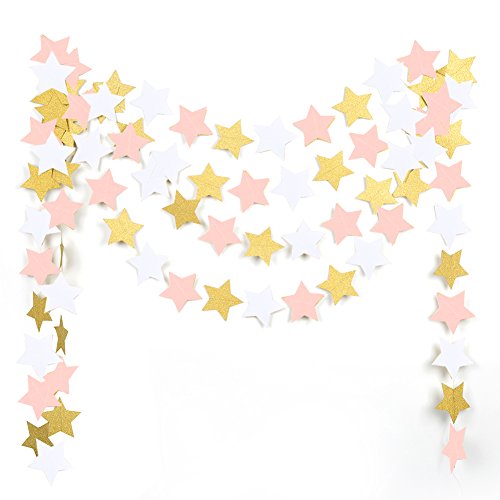 Product Cover MOWO Paper Garland Twinkle Star Pink Gold Glitter and White 3'' Circle Decoration 2pc 20 feet in Total