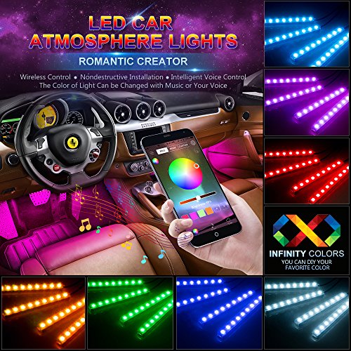 Product Cover wsiiroon Car LED Strip Lights, 4pcs 48 LED Bluetooth App Controller Interior Lights Multi Color Music Car Strip Light Under Dash Lighting Kit with Sound Active Function for iPhone Android Smart Phone