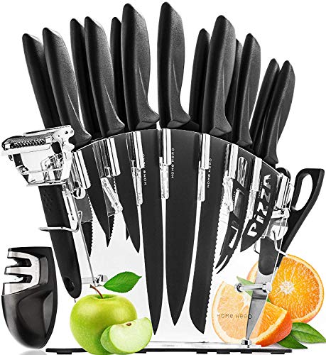 Product Cover Stainless Steel Knife Set with Block - 13 Kitchen Knives Set Chef Knife Set with Knife Sharpener, 6 Steak Knives, Bonus Peeler Scissors Cheese Pizza Knife and Acrylic Stand by Home Hero