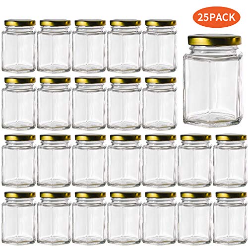 Product Cover Glass Jars With Lids,Woaiwo-q 4 OZ Mason Jars Spice Jars Honey Jars Small Hexagon Jars(Gold,25Pack)