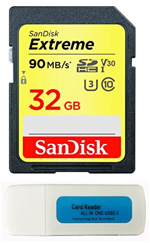 Product Cover SanDisk 32GB Extreme Memory Card works with Panasonic Lumix ZS50, FZ80, DMC-LX10K, G7, DMC-TS30A,DC-ZS70S, GX85, DMC-FZ70 Digital DSLR Camera SDHC 4K V30 UHS-I with Everything But Stromboli Reader