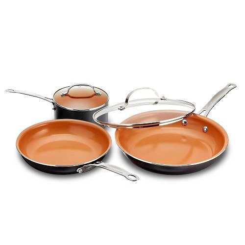 Product Cover Gotham Steel 1435 5 Piece Kitchen Essentials Cookware Set with Ultra Nonstick Copper Surface Dishwasher Safe, Cool Touch Handles- Includes Fry Pans, Stock Pot, and Glass Lids, Original