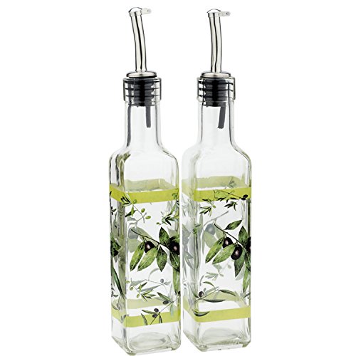 Product Cover CEDAR HOME Olive Oil Bottle Set Glass Dispenser Vinegar Cruet 17oz. with Stainless Steel Leak Proof Pourer Spout for Cooking or Salad Dressing, 2 Pack, Green